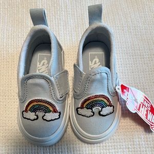 Baby blue slip on Vans, sequin rainbow patch. Toddler 4.5